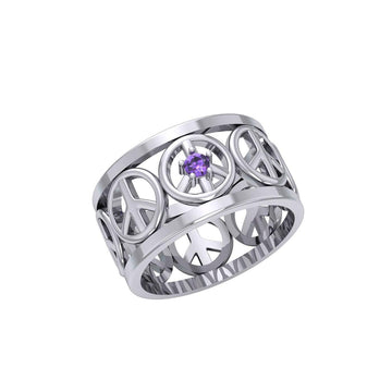 Peace Symbols Silver Band Ring With Gemstone TRI2402 - Jewelry